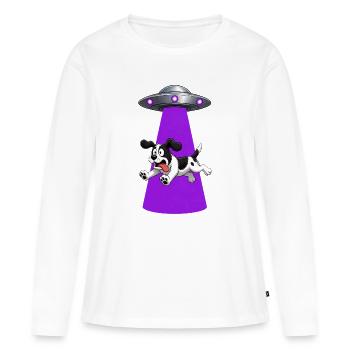 Chien enlevé par un rayon violet d’OVNI - T-shirt manches longues Premium bio Femme - blanc - Devant - Julia (174cm)