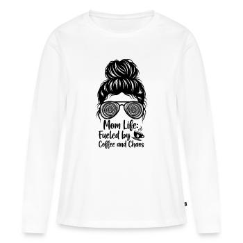 La vie de mère : portée par le café et le chaos - T-shirt manches longues Premium bio Femme - blanc - Devant - Julia (174cm)