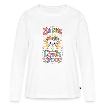 Jesus Loves You Lamb with Flower Wreath - Women's Premium Organic Long Sleeve Shirt - white - Front - Julia (174cm)