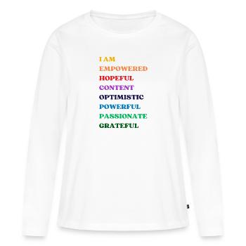 Positive Affirmationen – Regenbogenfarben - Frauen Premium Bio Langarmshirt - Weiß - Vorne - Julia (174cm)