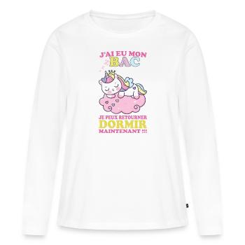 Baccalauréat 2023 Cadeau félicitation BAC Licorne - T-shirt manches longues Premium bio Femme - blanc - Devant - Julia (174cm)