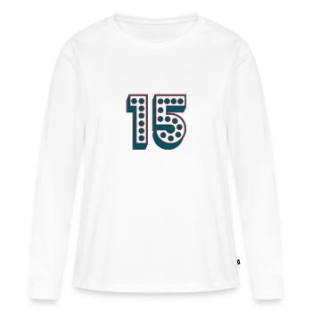 15. 15 JAHRE. 15-JÄHRIGES JUBILÄUM. 15-JÄHRIGES JUBILÄUM. - Frauen Premium Bio Langarmshirt - Weiß - Vorne - Julia (174cm)