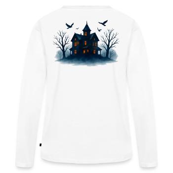 Blaues Spukhaus im Mondlicht - Frauen Premium Bio Langarmshirt - Weiß - Hinten - Julia (174cm)