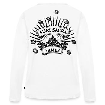 Auri sacra fames |  Verfluchter Hunger nach Gold - Frauen Premium Bio Langarmshirt - Weiß - Hinten - Julia (174cm)