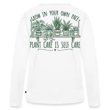 Grandir à son propre rythme – planter l’amour de soi - T-shirt manches longues Premium bio Femme - blanc - Dos - Julia (174cm)