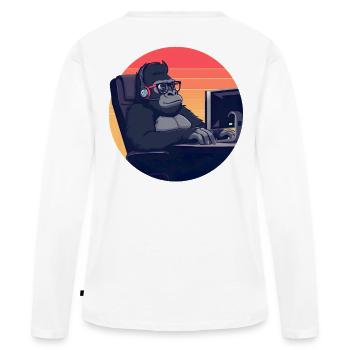 Retro IT Nerd Gorilla PC Arbeitsplatz - Frauen Premium Bio Langarmshirt - Weiß - Hinten - Julia (174cm)