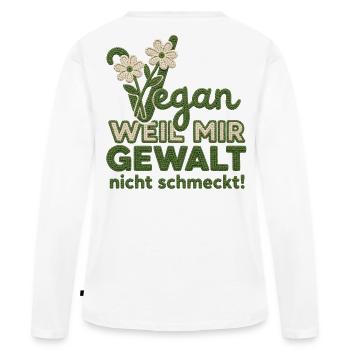Vegan weil mir Gewalt nicht schmeckt – Häkel-Desig - Frauen Premium Bio Langarmshirt - Weiß - Hinten - Julia (174cm)