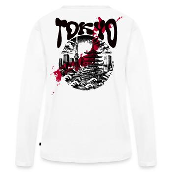 Japan Tokyo Design – Skyline & Traditional Art - Women's Premium Organic Long Sleeve Shirt - white - Back - Julia (174cm)