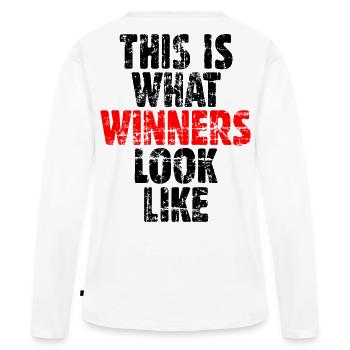 THIS IS WHAT WINNERS LOOK LIKE - Frauen Premium Bio Langarmshirt - Weiß - Hinten - Julia (174cm)