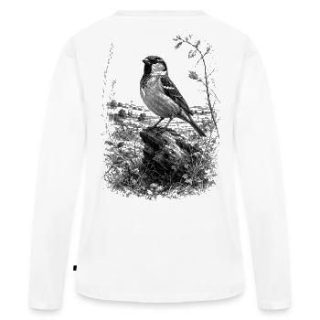 Un joli moineau dessiné artistiquement sur un tronc d’arbre - T-shirt manches longues Premium bio Femme - blanc - Dos - Julia (174cm)