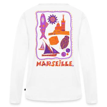 Marseille rétro - voyage et méditerranée - T-shirt manches longues Premium bio Femme - blanc - Dos - Julia (174cm)