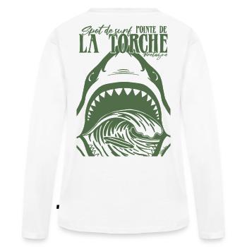 La Torche Surf Requin Bretagne - T-shirt manches longues Premium bio Femme - blanc - Dos - Julia (174cm)