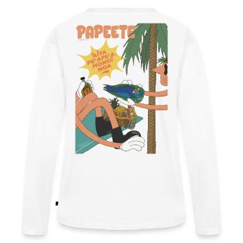 Papeete Tahiti Palm Tropique Humour Cartoon - T-shirt manches longues Premium bio Femme - blanc - Dos - Julia (174cm)