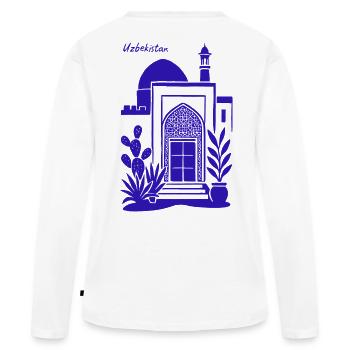 Architecture Ouzbékistan Silhouette Bleue - T-shirt manches longues Premium bio Femme - blanc - Dos - Julia (174cm)