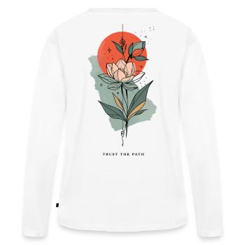 Ligne de fleurs devant le soleil rouge - T-shirt manches longues Premium bio Femme - blanc - Dos - Julia (174cm)