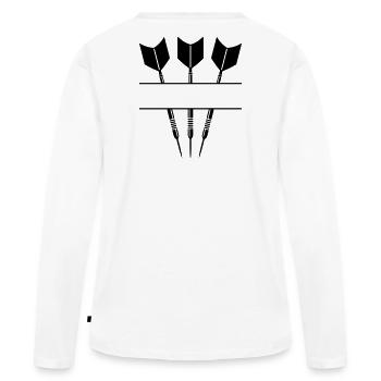 Drei Darts einfarbig mit Textzeile. - Frauen Premium Bio Langarmshirt - Weiß - Hinten - Julia (174cm)