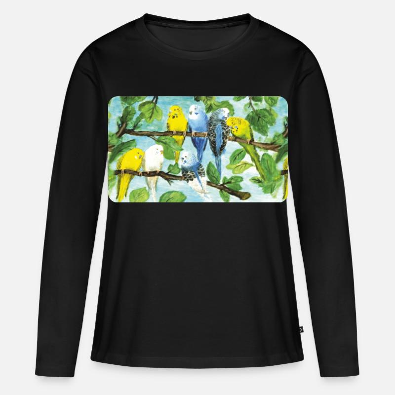Wellensittiche auf einem Baum - Pastellkreide  - Frauen Premium Bio Langarmshirt - Schwarz
