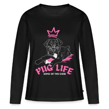 Pug Life – Mops King of the Crib - Frauen Premium Bio Langarmshirt - Schwarz - Vorne - Julia (174cm)
