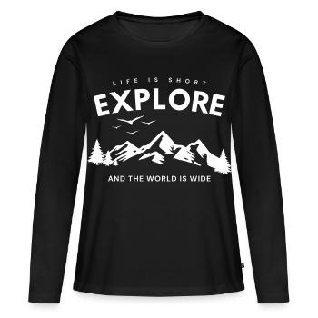 Explore Adventure Zitat - Frauen Premium Bio Langarmshirt - Schwarz - Vorne - Julia (174cm)