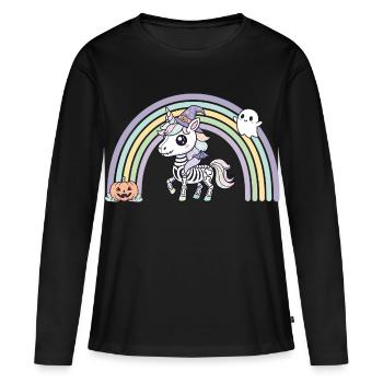 BOHO Skelett‑Einhorn mit Regenbogen – Halloween  - Frauen Premium Bio Langarmshirt - Schwarz - Vorne - Julia (174cm)