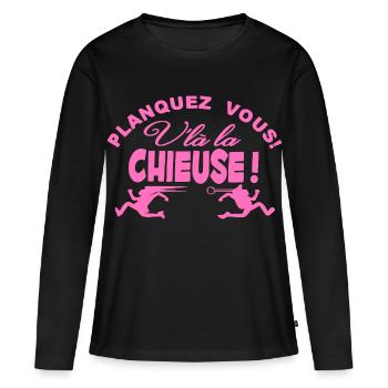 Planquez vous voilà la Chieuse cadeau t-shirt - T-shirt manches longues Premium bio Femme - noir - Devant - Julia (174cm)