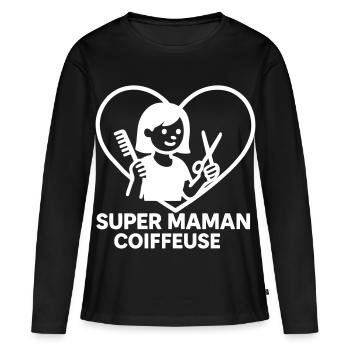 Super maman coiffeuse – Cœur coiffure - T-shirt manches longues Premium bio Femme - noir - Devant - Julia (174cm)