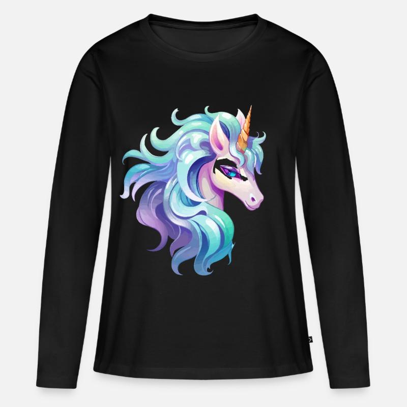 Buntes Einhorn Kopfportrait - Frauen Premium Bio Langarmshirt - Schwarz
