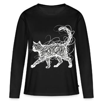 Minimalistisches Scribble Katze Line Art Japanisch - Frauen Premium Bio Langarmshirt - Schwarz - Vorne - Julia (174cm)