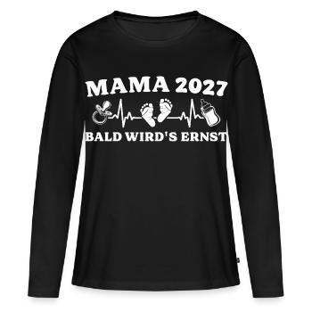 Maman 2027 Bientôt ça devient sérieux Grossesse - T-shirt manches longues Premium bio Femme - noir - Devant - Julia (174cm)
