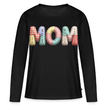 Mom Schriftzug Patchwork Stoff Look - Frauen Premium Bio Langarmshirt - Schwarz - Vorne - Julia (174cm)