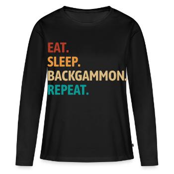 Mange, dors, backgammon, répète | Jeu de société - T-shirt manches longues Premium bio Femme - noir - Devant - Julia (174cm)