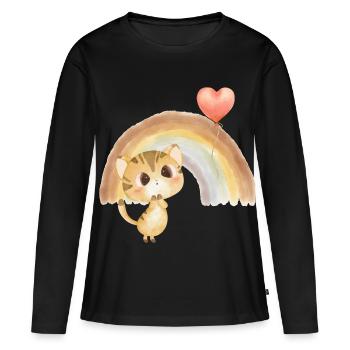 Chaton aquarelle sous l’arc-en-ciel - T-shirt manches longues Premium bio Femme - noir - Devant - Julia (174cm)