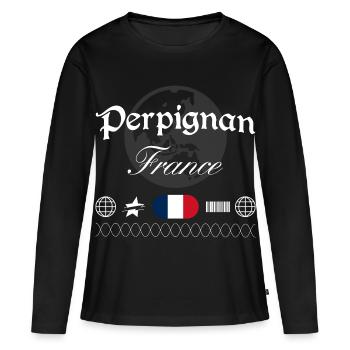 Souvenir de voyage streetwear de Perpignan France - T-shirt manches longues Premium bio Femme - noir - Devant - Julia (174cm)