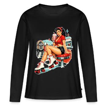 Fille rétro Pin-Up : style roller roller diner des années 50 - T-shirt manches longues Premium bio Femme - noir - Devant - Julia (174cm)