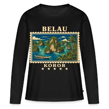 Marque de voyage vintage Palau Koror - T-shirt manches longues Premium bio Femme - noir - Devant - Julia (174cm)