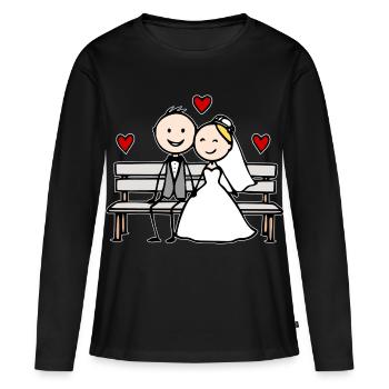 Caricature du couple de mariés sur le banc - T-shirt manches longues Premium bio Femme - noir - Devant - Julia (174cm)