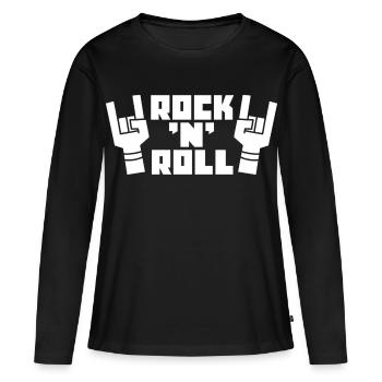 Logo rétro Rock’N’Roll avec des cornes de doigts - T-shirt manches longues Premium bio Femme - noir - Devant - Julia (174cm)