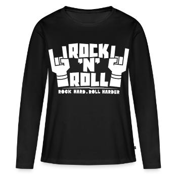 Texte rock’n’roll carré avec des cornes de doigts - T-shirt manches longues Premium bio Femme - noir - Devant - Julia (174cm)