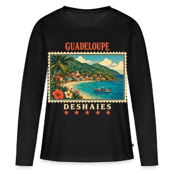 Marque de voyage vintage Guadeloupe Deshaies - T-shirt manches longues Premium bio Femme - noir - Devant - Julia (174cm)