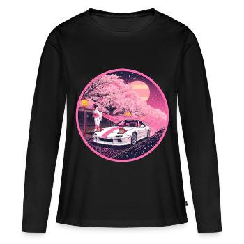 Retro 90er JDM Roadster Geisha Sakura Emblem - Frauen Premium Bio Langarmshirt - Schwarz - Vorne - Julia (174cm)