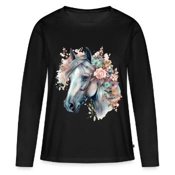 Aquarell-Pferdekrone mit pastellfarbenen Blumen - Frauen Premium Bio Langarmshirt - Schwarz - Vorne - Julia (174cm)