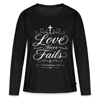 Liebe versagt nie – Christlich – Korinther - Frauen Premium Bio Langarmshirt - Schwarz - Vorne - Julia (174cm)