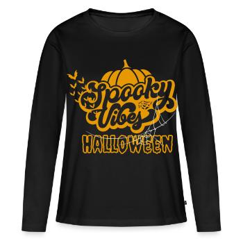 Ambiance Effrayante Design de Chauve-souris Citrouilles d’Halloween - T-shirt manches longues Premium bio Femme - noir - Devant - Julia (174cm)