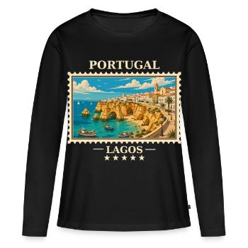 Portugal Lagos Vintage Reisemarke - Frauen Premium Bio Langarmshirt - Schwarz - Vorne - Julia (174cm)