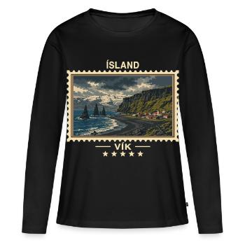 Island Vík Vintage Reisemarke - Frauen Premium Bio Langarmshirt - Schwarz - Vorne - Julia (174cm)