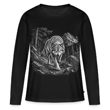 Loup sauvage dans un paysage montagneux dans un style graveur - T-shirt manches longues Premium bio Femme - noir - Devant - Julia (174cm)