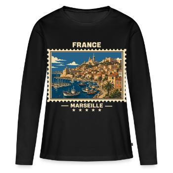France Marseille Vintage Travel Brand - T-shirt manches longues Premium bio Femme - noir - Devant - Julia (174cm)