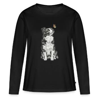 Border Collie avec dessin croquis papillon - T-shirt manches longues Premium bio Femme - noir - Devant - Julia (174cm)