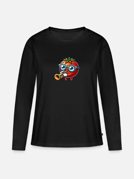 Tomate Mit Trompete Und Brille Spielen - Frauen Premium Bio Langarmshirt - Schwarz