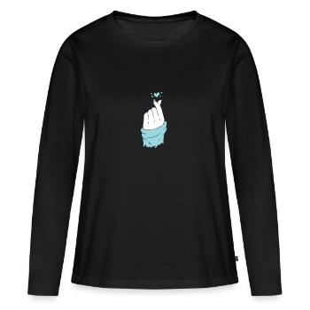 Coeur coréen main deux doigts formant un coeur - T-shirt manches longues Premium bio Femme - noir - Devant - Julia (174cm)
